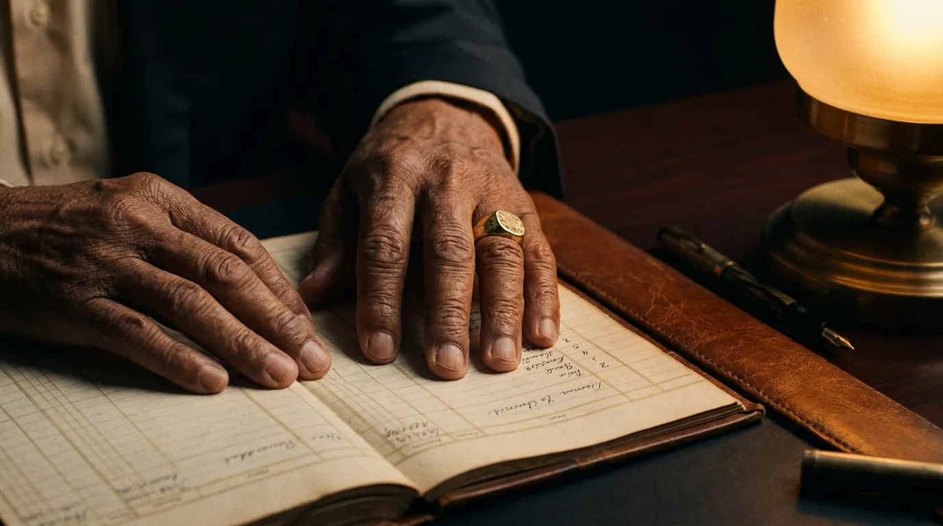 Solomon Drummond's hands resting on an open ledger
