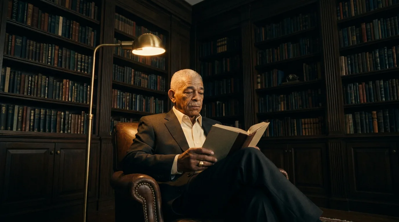 Solomon Drummond reading in his library