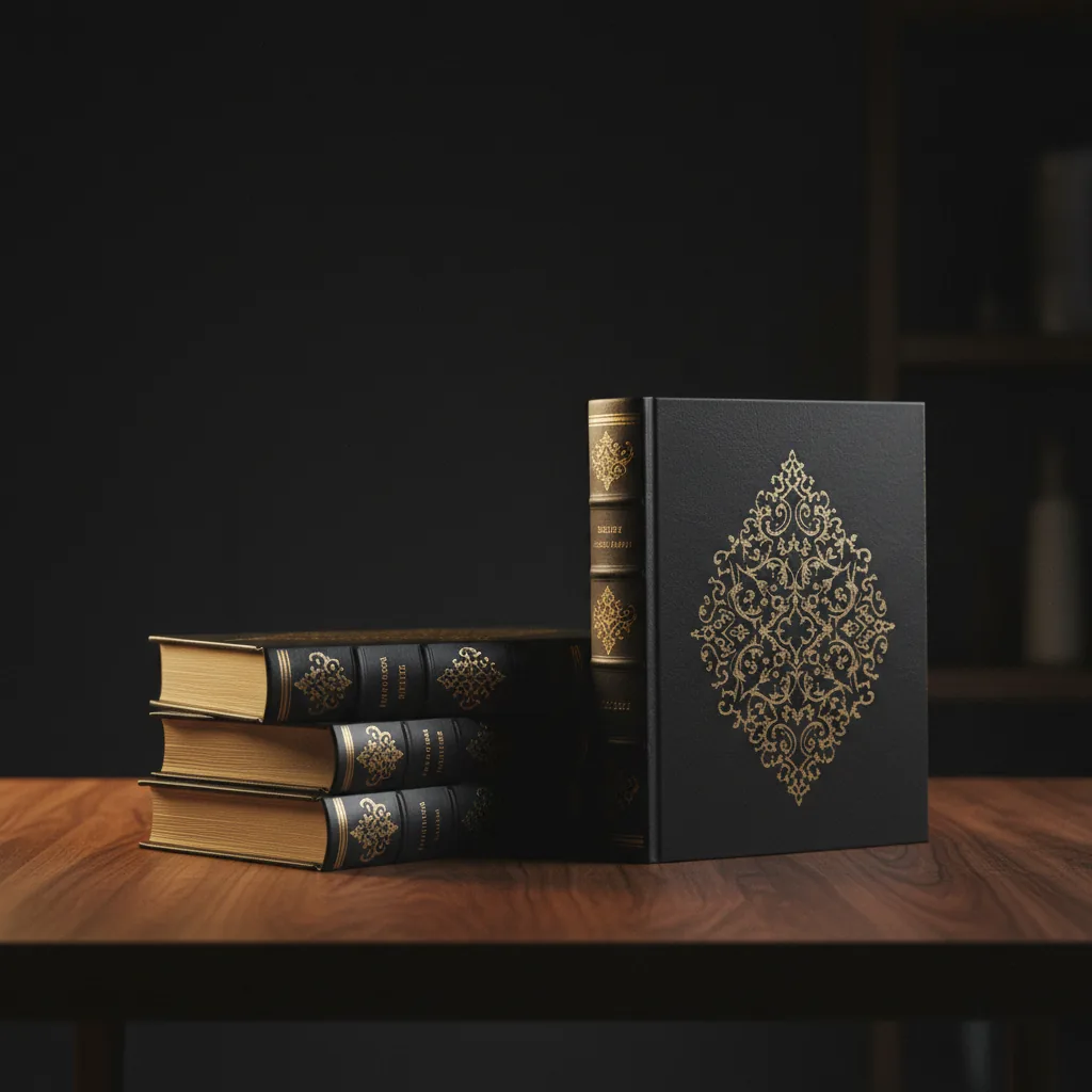The first three Drummond Library volumes — charcoal leather with gold embossing